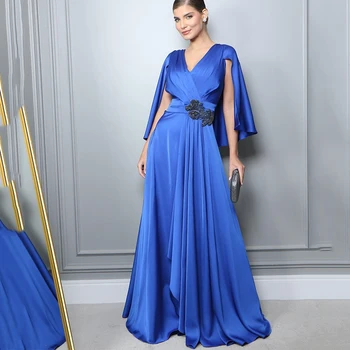 UZN קלאסי כחול מלכותי קו שמלות ערב V-צוואר סאטן Ruched שמלה לנשף באורך רצפת ערב הסעודית צד שמלות גודל מותאם אישית