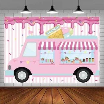 משאית גלידה חנות צילום רקע בייבי מסיבת בנות המכונית הורודה רקע מקלחת בייבי עוגת יום הולדת קישוט שולחן באנר
