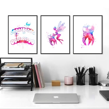 פיית השיניים בצבעי מים אמנות הדפס שיניים שיננית מתנה מרפאת קיר בעיצוב, שן רפואית אנטומיה כרזות בד הציור