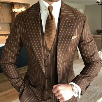 תחפושת Homme חליפות גברים חום עם פס שיא דש Slim Fit הנשף החתן לובש 3 יח '(ז ' קט+מכנסיים+וסט) Terno Masculino בלייזר