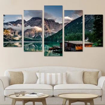 בבית המודרני תפאורה קיר אמנות פוסטר בד ציור 5 חתיכות HD מודפסים באגם סירה נוף הרים מודולרי תמונות מסגרת