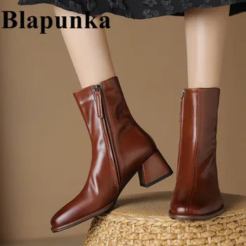 Blapunka נשים אמיתי מגפי עור באיכות גבוהה בלוק עקבים חום קרסול, מגפי אופנוענים בעבודת יד רוכסן ליידי נעליים שחורות