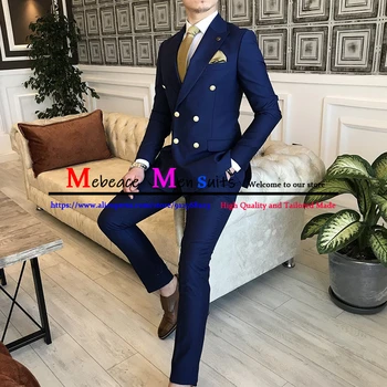 חיל הים כחול החתונה Mens חליפות Slim Fit כפול עם חזה חליפות 2 חלקים (ז ' קט+מכנסיים) השושבינים חליפה עסקית רשמית בלייזר להגדיר