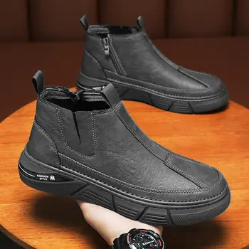 גברים 2023 חדש סתיו הגבוהות נעלי עור בסגנון בריטי עובד אתחול של גברים שחורים ללבוש עמיד אופנוע L