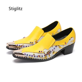 צהוב הדפסה מקורית נעלי עור לגברים טלאים מתכת הבוהן מסמר עסקי מזדמן נעליים עם עקבים רטרו מסיבת שמלה נעליים