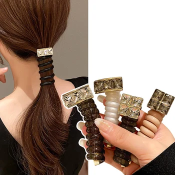 מרובע מצופה תליון קריסטל בחוט טלפון הגומיות לשיער החבל נשים נערת גומי מחזיק בקוקיות ספירלת חוט קלוע עניבה