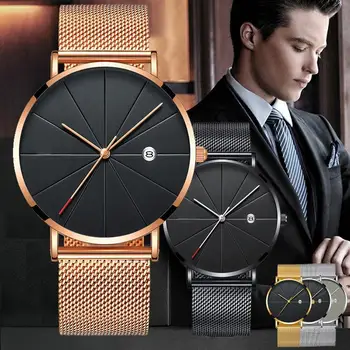 האחרון פשוט גברים נירוסטה צפה קלאסיקה קוורץ תאריך שעונים עסקי מזדמן רשת חגורת שעון יד גברי Relogio