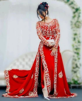 Karakou אלג ' יריה Kaftan אדום שמלות ערב זהב תחרה, אפליקציות שרוולים ארוכים, גלימה דובאי נשף שמלת Vestido De נוביה