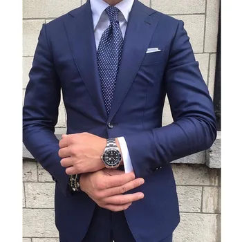 אופנה כחול-גברים חליפות 2 חלקים שיא דש עסקית רשמית קט טוקסידו לחתונה חתן אחי (ז ' קט+מכנסיים)