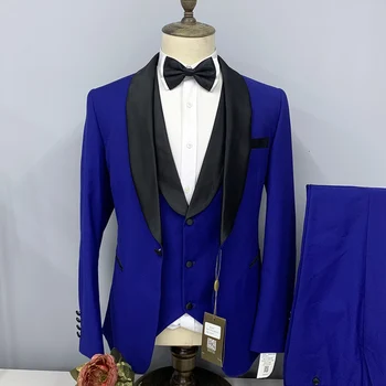 2023 חדש לגברים חליפה האופנה Slim Fit ספיר כחול פשתן צעיף דש 3 חלקים מסיבת חתונה נשף ערב (ז ' קט+גופיה+מכנסיים)