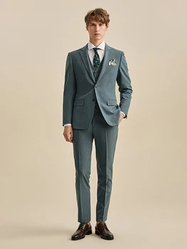 חליפות להגדיר עבור גברים אפור כחול יחיד עם חזה בלייזר + אפוד + מכנסיים Slim סגנון 2021 סתיו החתונה החתן רשמית בגדים בתוספת גודל