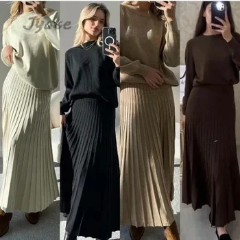 קוריאני שיק קט + חריץ חצאיות ארוכות ערכות צבע מוצק אופנה סוודר שני חלקים סט אופנה סריגים מקסימום לסרוג חצאיות חליפה