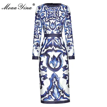 MoaaYina מעצב אופנה שמלת סתיו נשים שמלת שרוול ארוך אלגנטי כחול ולבן פורצלן דק צד שמלות עיפרון