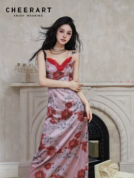 CHEERART בציר אדום פרחוני ארוך ללא משענת שמלת נשים 2023 צוואר V מעצב טוניקות Midi להחליק השמלה בגדי הקיץ
