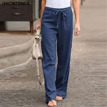 נשים כותנה מכנסי פשתן 2023 אופנה הקיץ אלסטי המותניים חופשי ישר מכנסיים נקבה מקרית מוצק צבע קרסול באורך המכנסיים.