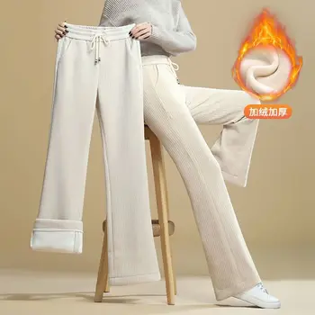 סתיו חורף רחב הרגל המכנסיים נשים גבוהה המותניים בתוספת קטיפה באגי ישר מכנסיים מזדמנים אופנה קוריאנית לעבות מכנסיים חמים