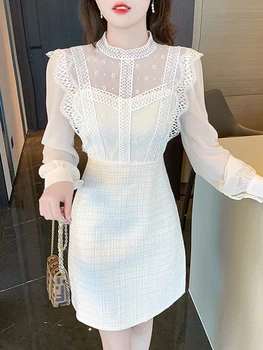 קיץ לבן שמלת מסיבת מעצב אופנה לעמוד צווארון קפלים טלאים הגברת שרוול ארוך Mini שמלה 2023 חדש