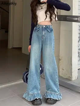 זיקוק ג 'ינס נשים עיצוב קפלים רטרו ג' ינס סתיו גבוהה המותניים פנאי כל-התאמה שיק גמישות בגדים Aeshtetic Harajuku ההגירה