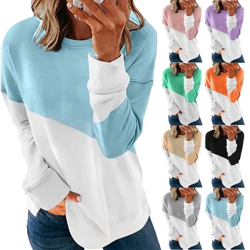 קפוצ ' ונים של נשים 2023 חדש ניגודיות צבע שרוול ארוך צוואר עגול לעומת רופף החולצה החולצה העליון Модный הגומי 패션 맨투맨