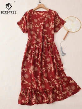 100%התות משי קרפ דה Chine חגיגי אדום הדפסה שמלה רופפת רזה צוואר עגול Mid-rise בובה חצאית הנסיעה אישה D38931QD