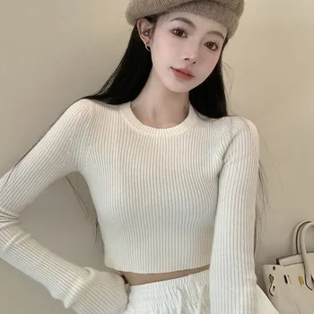 בנות Pullovers סריגה צוואר עגול צוואר צוות אופנה קוריאנית סוודר החולצה פרווה קצרה מקסימום
