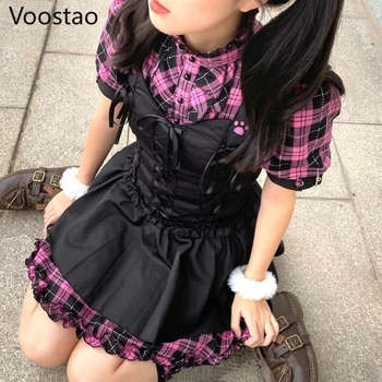 יפנית לוליטה גותית בסגנון מיני שמלות ערב נשים Harajuku מזויף שני חלקים חצאית Y2k פאנק שמלה קוריאנית נשי מתוק Vestidos