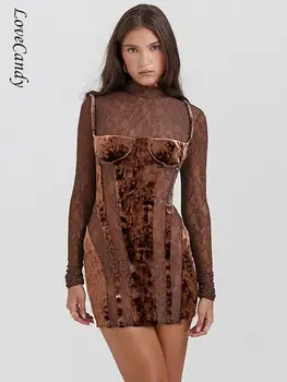 אלגנטי לעמוד צווארון שרוול ארוך Mini שמלה של נשים סקסי תחרה קטיפה טלאים שמלת Bodycon 2023 ליידי רואה דרך צד החלוק