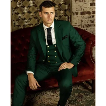 ירוק חליפות לגברים חתונה אלגנטית תחפושת חבר יחיד עם חזה דש הז ' קט מכנסיים וסט שלושה מחשבים Veste Homme לוקס