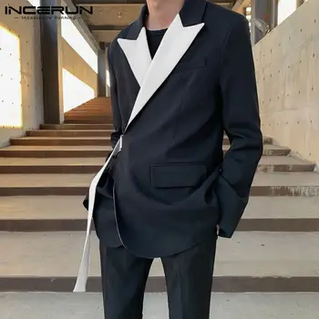 INCERUN מקסימום 2023 קוריאני סגנון אופנתי חדש חליפות גברים מזדמנים אופנת רחוב תפרים צבע חליפות אופנה עם שרוולים ארוכים בלייזר S-5XL