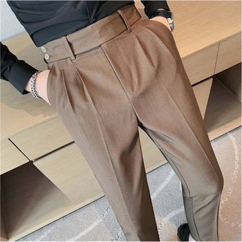 מרקם גבוהה אריג קפלים עיצוב המכנסיים הבריטית בגזרה גבוהה מזדמנים מכנסיים הקיץ של גברים למשרד לעסק תשע נקודות המכנסיים
