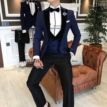 החדש אופנה כחול-תחפושת Homme עסק חתונה, חליפות לגברים Ternos Masculinos Slim Fit טוקסידו 3 חתיכה Mens מתאים