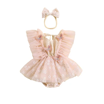 התינוקת שנולדה הילדה Romper שמלה פרחונית לעוף שרוול בגד גוף רשת פרפר טול בגימור להגדיר התינוק בגדים.