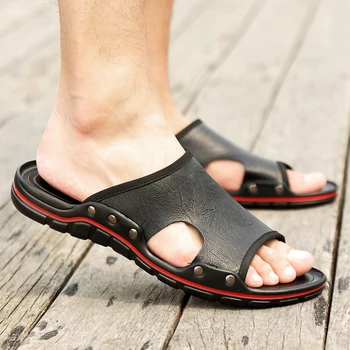 קיץ שחור סנדלי גברים עור אמיתי מגניב נעלי גבר נוח קלאסי יוקרה סנדלי גברים, נעלי החוף זכר נעליים מזדמנים