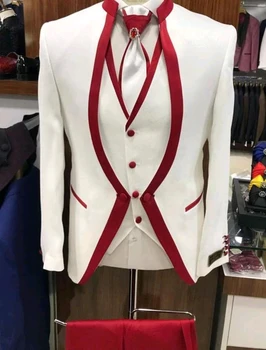 (ז ' קט+מכנסיים+אפוד+עניבה) לבן אדום רים הבמה בגדים לגברים של 3 חתיכות החליפה להגדיר Mens חליפות חתונה תלבושות חתן טוקסידו רשמי
