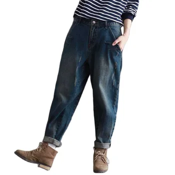 חדש אופנה נשים רטרו קאובוי מכנסי ג 'ינס רופף הרמון ג' ינס גבוהה המותניים החבר קרע מכנסיים כחולים
