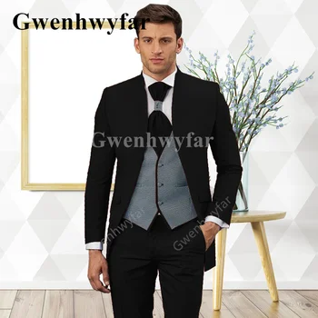 GwenhwyfarNew גברים שחורים תפרים הלו סלים יחיד עם חזה החליפה אופנה מעיל חתונה חתן המסיבה 3 חלקים טוקסידו