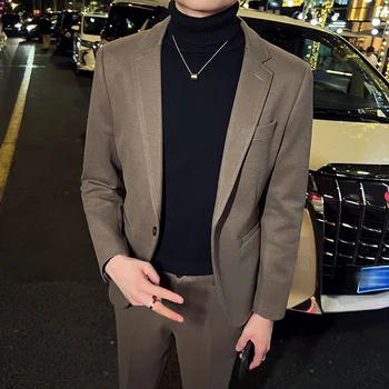 באיכות גבוהה אופנה סתיו חורף הבריטי קוריאנית סלים גברים עסקי מזדמן כפתור אחד בד ז ' קט שחור בלייזר Masculino
