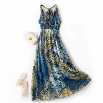שמלת משי לנשים, אלגנטי, התות משי, שמלת החוף, ספגטי, סגנון בוהו, פרחוני הדפסה, 28018