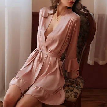 נשים סקסיות ההלבשה של שמלת קפלים שרוול החלוק הנשי חופשי גלימות נשים V-neck נשים Nightwear