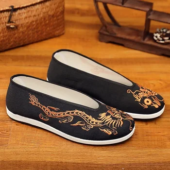 2023 גברים נעלי בד נעליים סוליות רכות גברים רקמה הסינית נעלי גברים רטרו צהוב דרקון שחור סביב הפה בד נעליים