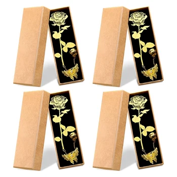 4 חבילת יום האהבה מתכת זהב רוז סימניות סימניות מתכת עם 3D פרפר תליון שרשרת וקופסא.