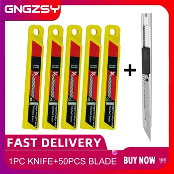 CNGZSY 1PC סכין Snap-כבוי + 50PCS להבים נשלף אמנות קאטר חלון תיקון מגרד ניקוי דבק עיפרון נייר סכין E02+5E03