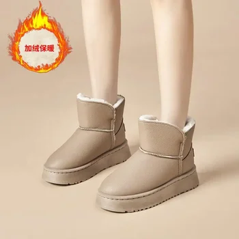 לחם נעלי כותנה נעלי נשים חורף פליז מצופה 2023 חדש תחתית שטוח להחליק על אפונה נעליים נמוכה העליונה מגפי שלג
