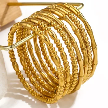 1PC 304 נירוסטה צמיד צמידים צבע זהב חרוזי במבוק משותפת צמידים עגולים עבור נשים, גברים רומנטי מתנת תכשיטי אופנה