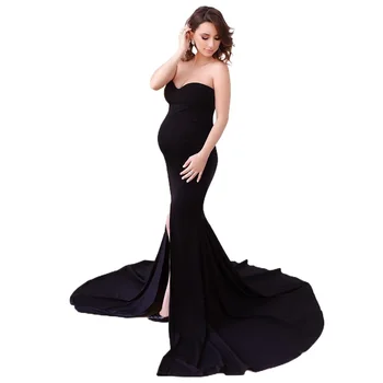 רשמית סטרפלס שמלת היריון מחוץ כתף ארוך נשף שמלת לפני לפצל את הצילומים לפני החתונה בהריון שמלת מקסי מקלחת תינוק