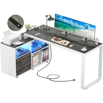 שולחן כתיבה בצורת L עם קובץ Cabinet & לשקע החשמל, הפיכה 55 אינץ ' גדול פינת מחשב, שולחנות עם מגירות, מדפי אחסון