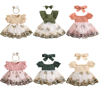 הנסיכה התינוק הנולד בנות הקיץ Rompers בגדי כותנה פשתן פרח רקמה, טלאים, סרבלים חצאיות טול סרט