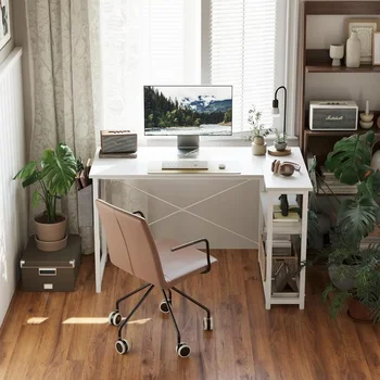 40 אינץ משרד ביתי קטן בפינה מחקר שולחן כתיבה שולחן קטן בצורת L שולחן מחשב עם מדפי אחסון הלבן קורא שולחנות