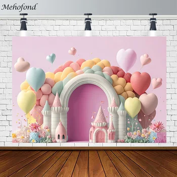 Mehofond צילום רקע בצורת לב, בלונים ורוד הטירה נערה עוגת יום הולדת לרסק את עיצוב המסיבה צילום סטודיו Photocall