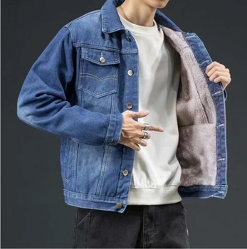 2023 החורף Mens ג 'ינס מעיל קוריאני אופנה אופנתי נאה' קט באיכות גבוהה קטיפה עבה רופף צמר מעיל גודל S-5XL